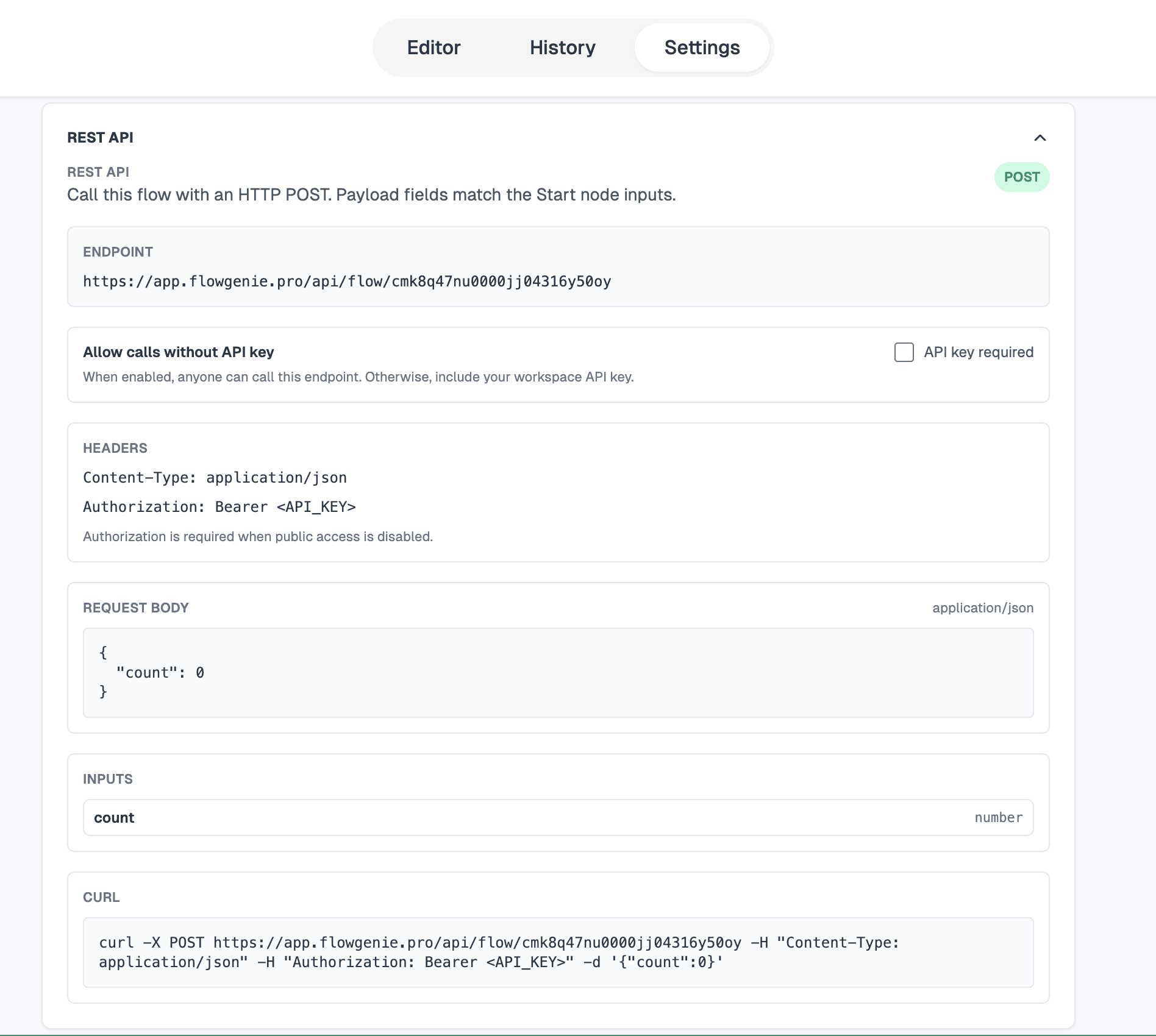 REST API settings card