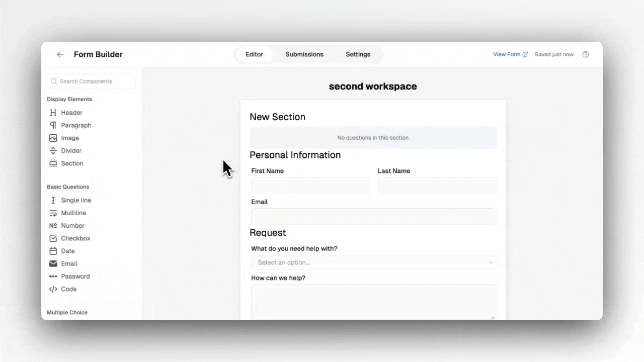 Dragging a question from the sidebar into the form