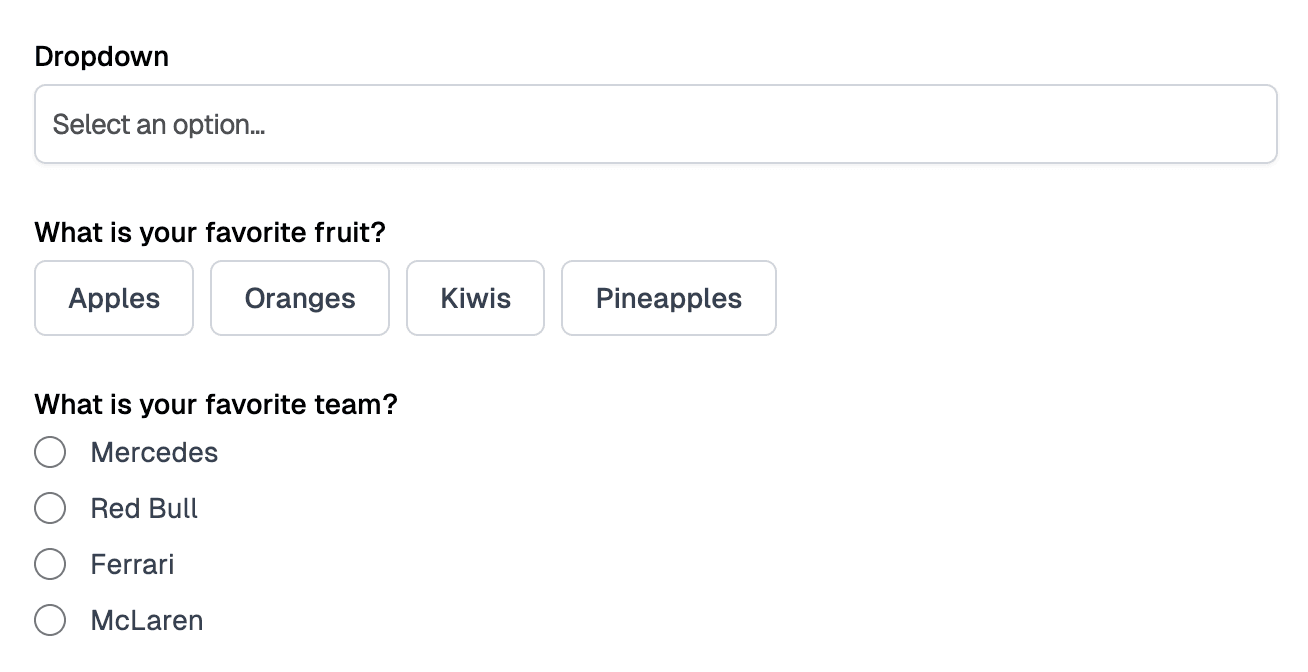 Dropdown select examples showing different display types