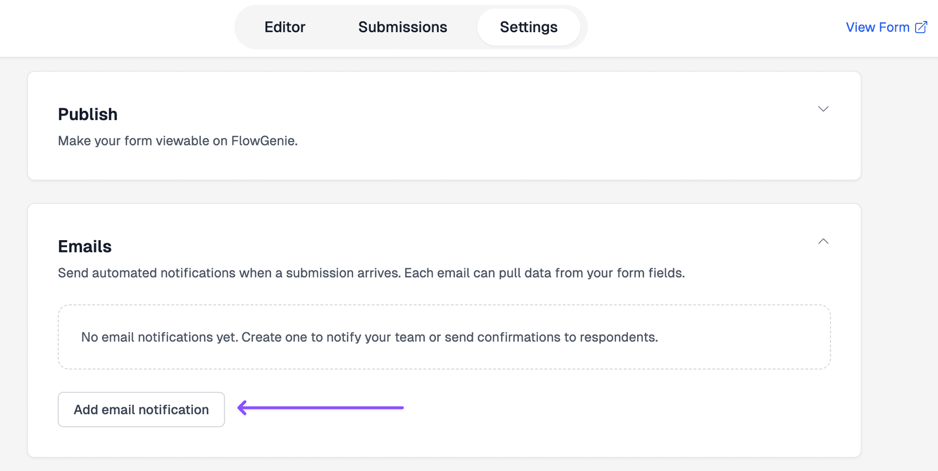Email notifications card with Add email notification button