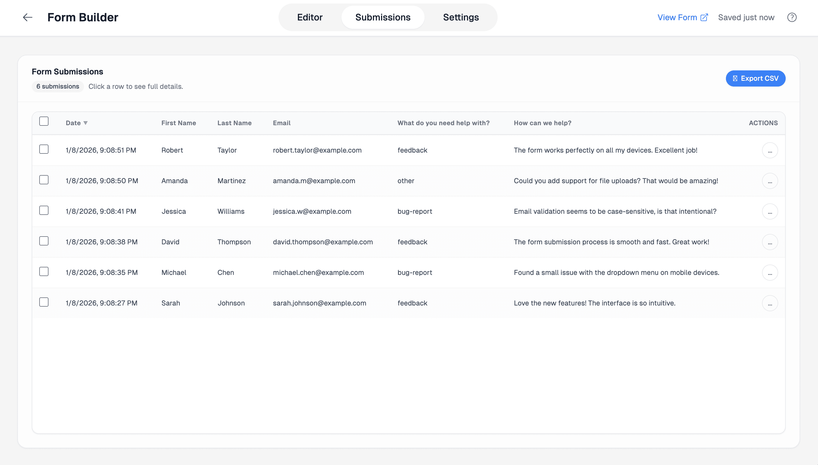 Submissions list with a selected response and Export CSV action